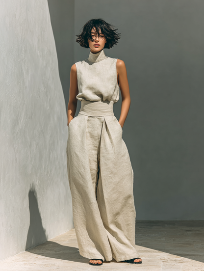 Maria - Conjunto de blusa sin mangas y pantalones anchos de algodón y lino minimalista para mujer