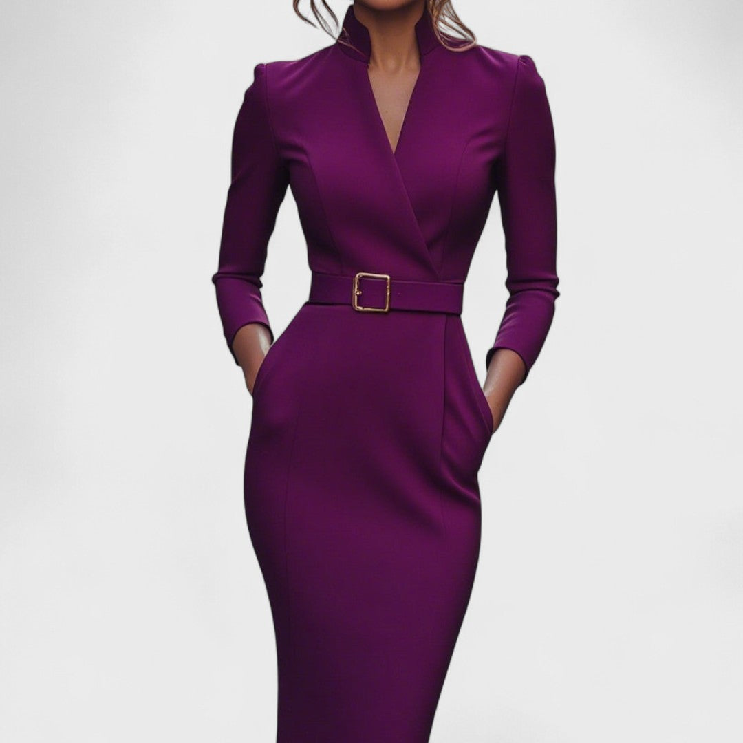 Ginevra™ - Vestido negro elegante con cinturón y cuello alto