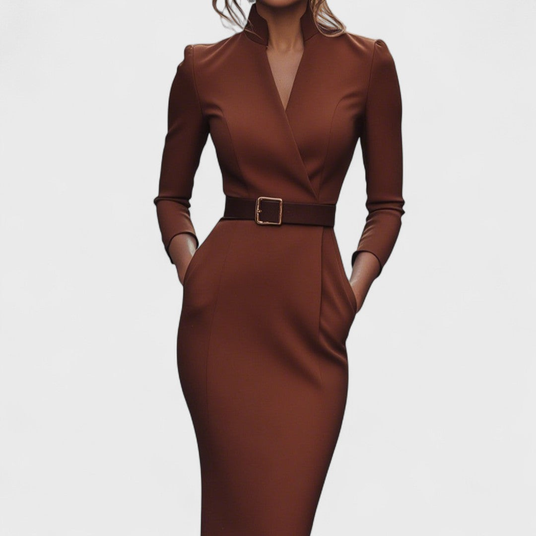 Ginevra™ - Vestido negro elegante con cinturón y cuello alto