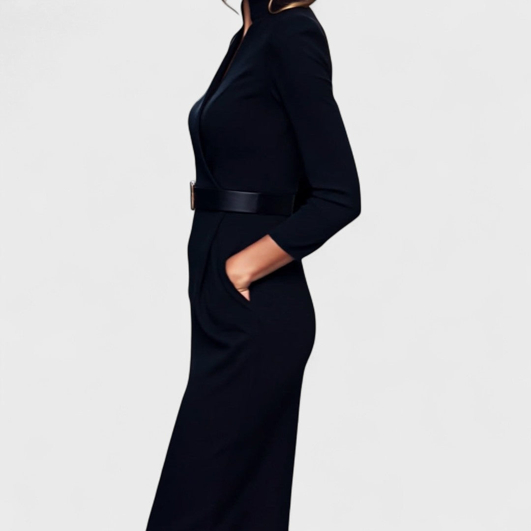 Ginevra™ - Vestido negro elegante con cinturón y cuello alto