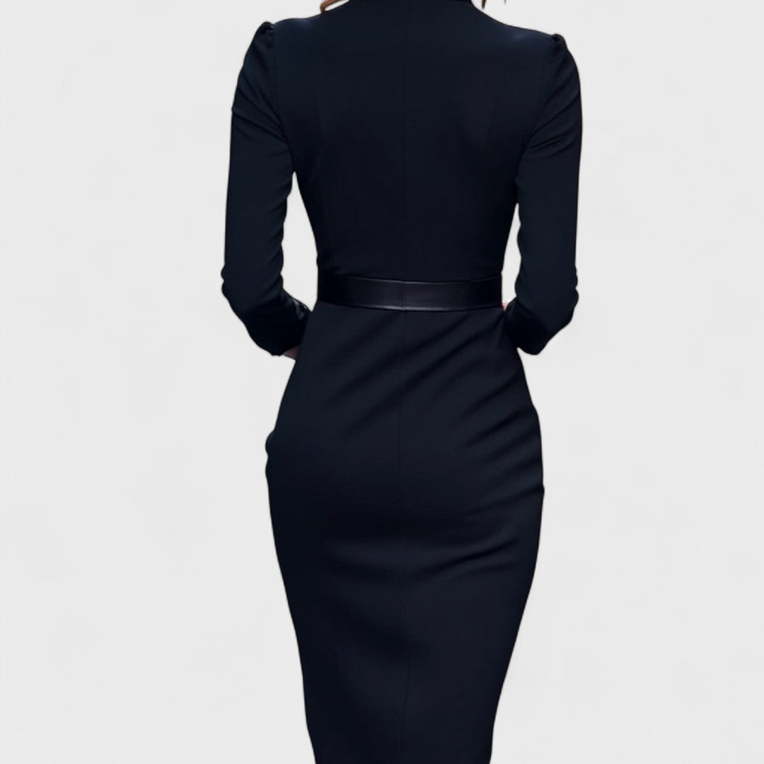 Ginevra™ - Vestido negro elegante con cinturón y cuello alto