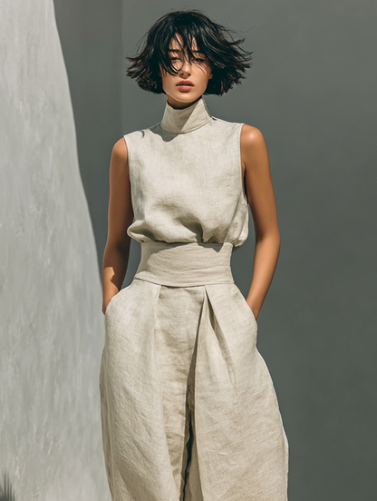 Maria - Conjunto de blusa sin mangas y pantalones anchos de algodón y lino minimalista para mujer
