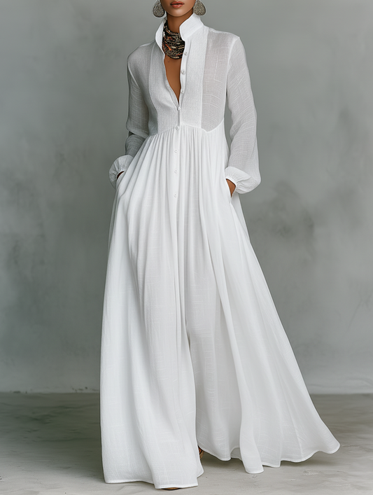 Elisa™ - Maxi minimalista de algodón y lino con patchwork, cuello alto y mangas largas