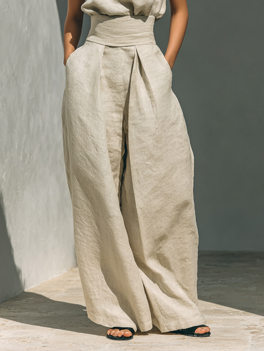 Maria - Conjunto de blusa sin mangas y pantalones anchos de algodón y lino minimalista para mujer
