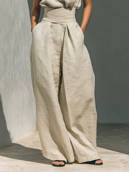 Maria - Conjunto de blusa sin mangas y pantalones anchos de algodón y lino minimalista para mujer