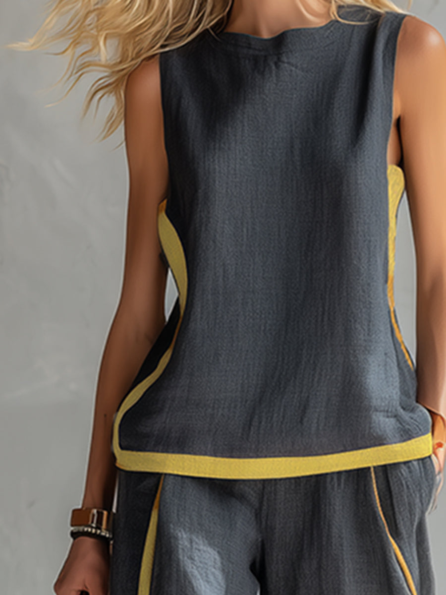 Leila - Elegante y casual conjunto de chaleco y pantalones de algodón y lino gris con ribetes en dos tonos.