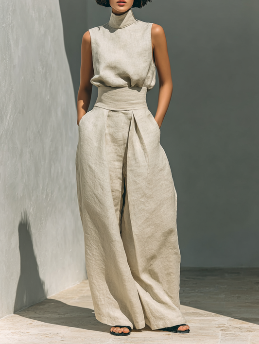 Maria - Conjunto de blusa sin mangas y pantalones anchos de algodón y lino minimalista para mujer