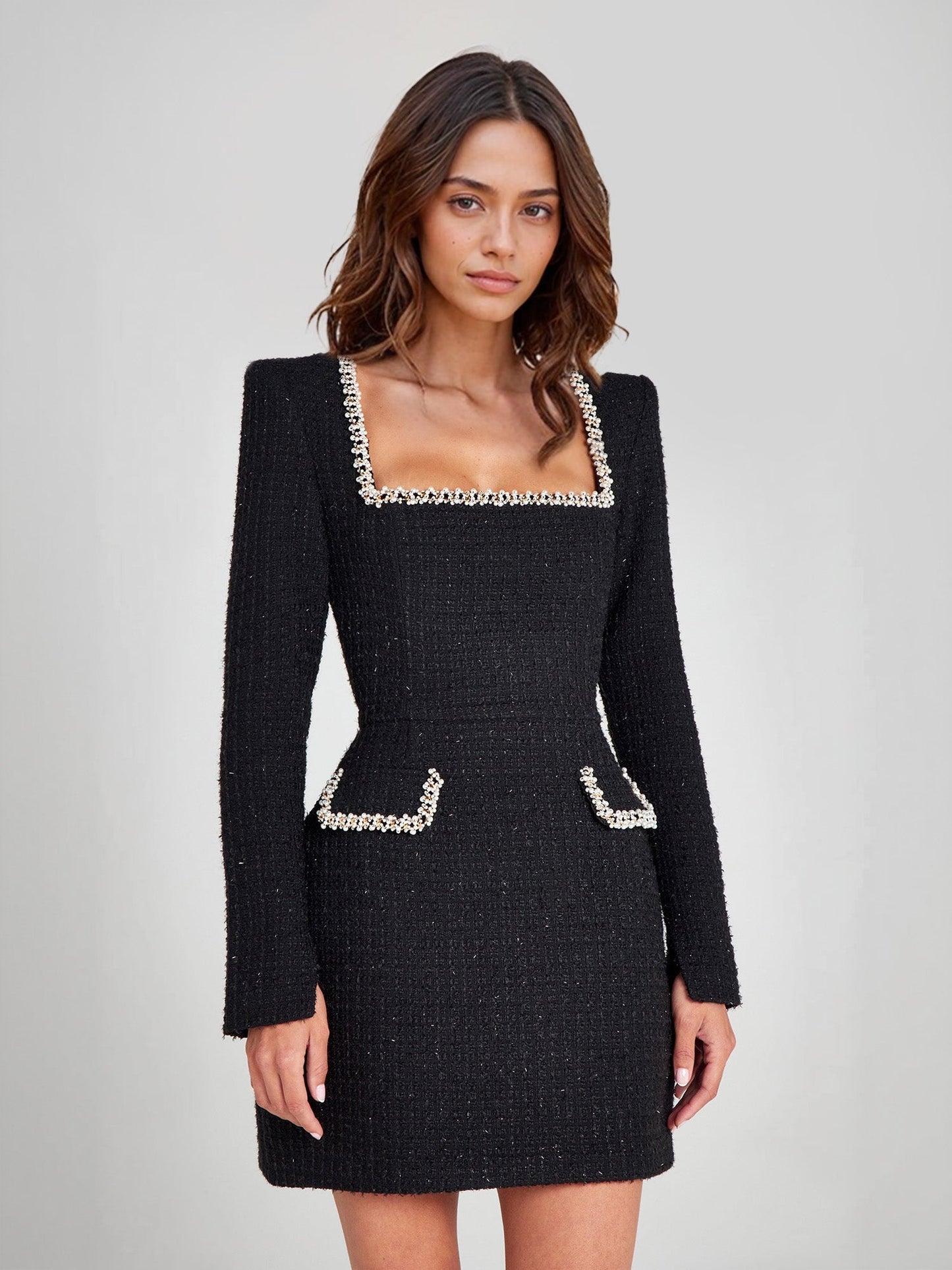Charlotte™ | Vestido de tweed con escote cuadrado y perlas