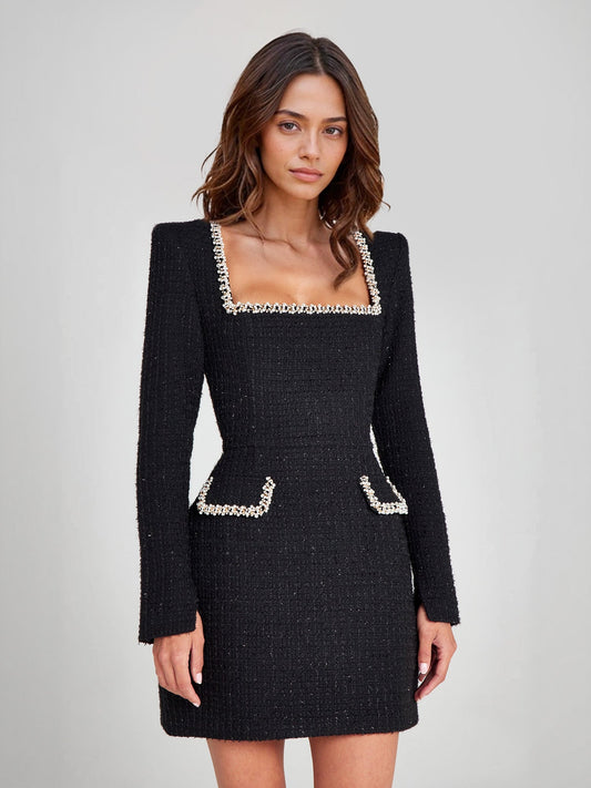 Charlotte™ | Vestido de tweed con escote cuadrado y perlas
