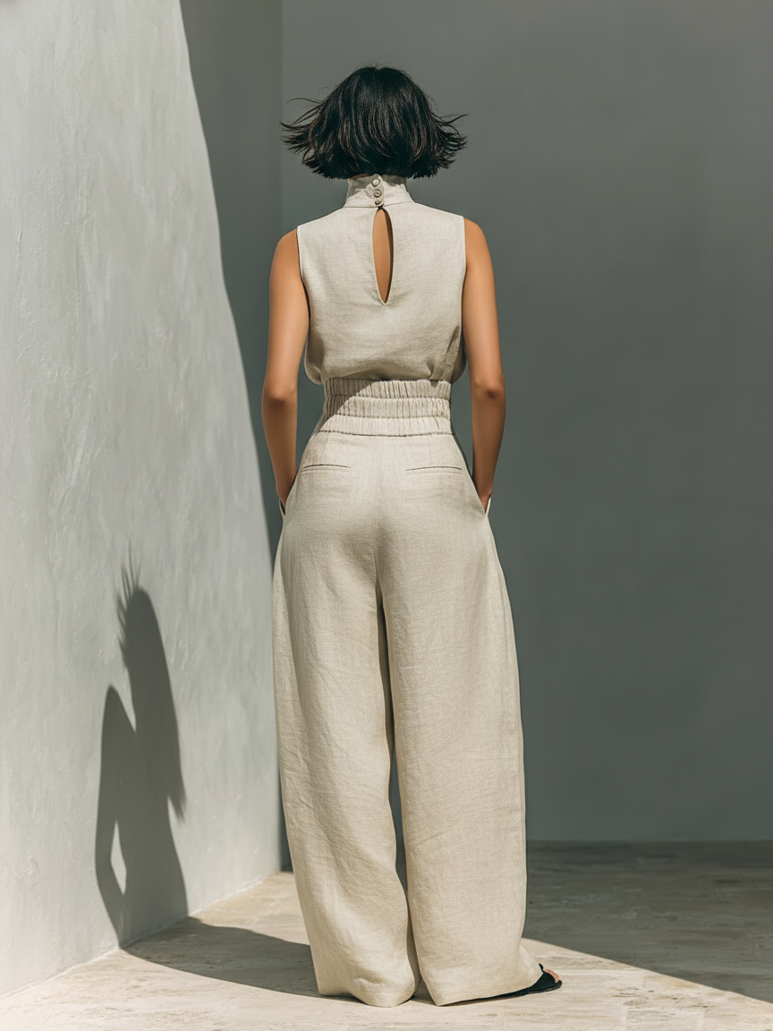 Maria - Conjunto de blusa sin mangas y pantalones anchos de algodón y lino minimalista para mujer
