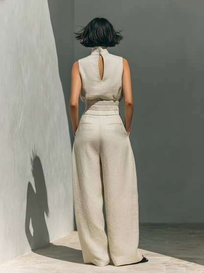 Maria - Conjunto de blusa sin mangas y pantalones anchos de algodón y lino minimalista para mujer