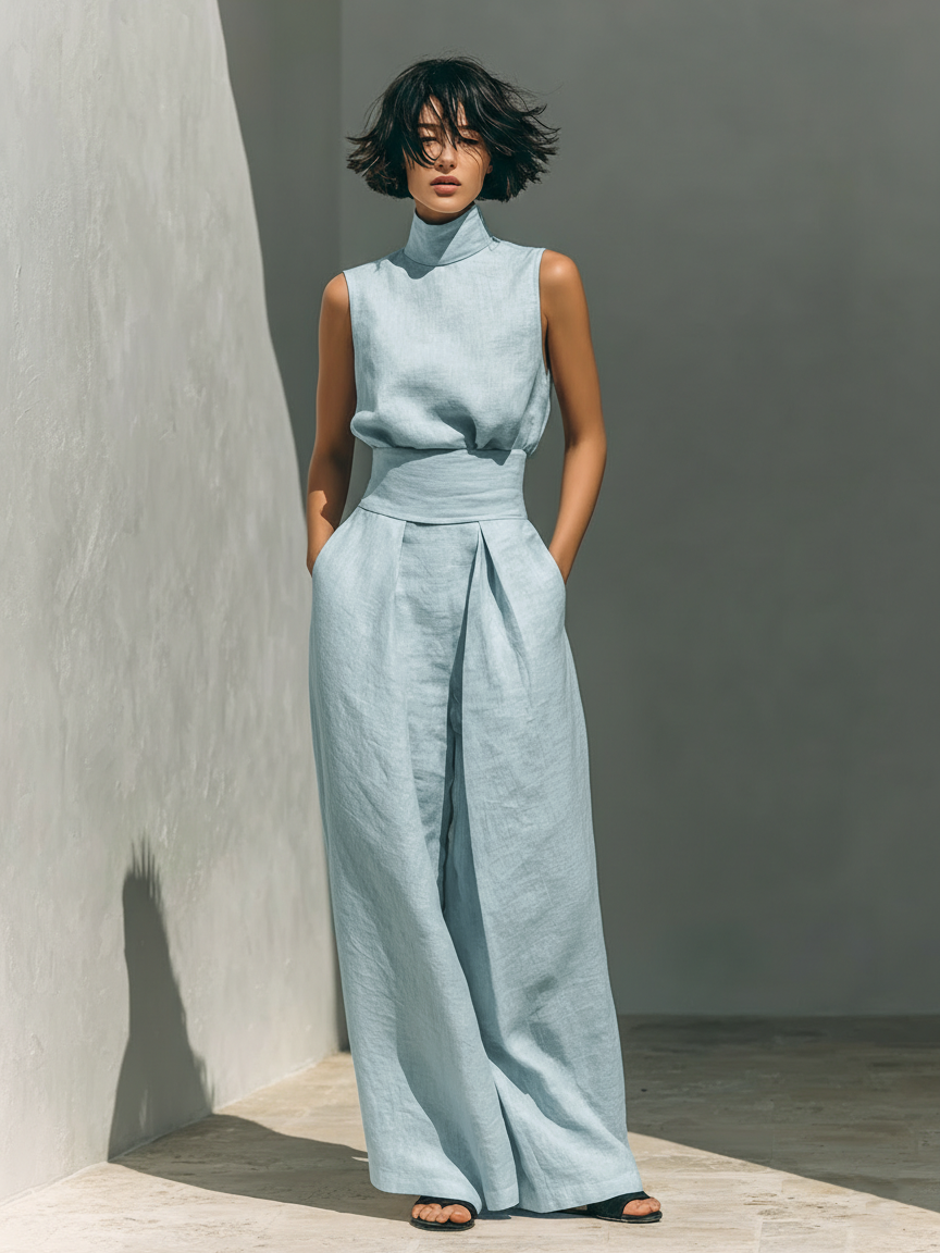Maria - Conjunto de blusa sin mangas y pantalones anchos de algodón y lino minimalista para mujer