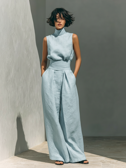 Maria - Conjunto de blusa sin mangas y pantalones anchos de algodón y lino minimalista para mujer
