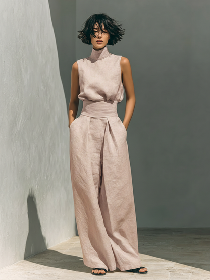 Maria - Conjunto de blusa sin mangas y pantalones anchos de algodón y lino minimalista para mujer