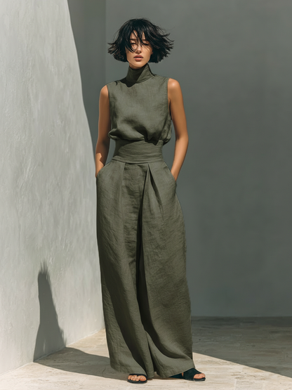 Maria - Conjunto de blusa sin mangas y pantalones anchos de algodón y lino minimalista para mujer