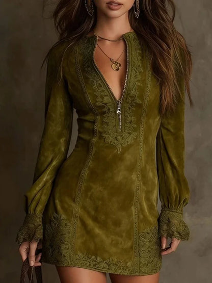 Bella - Vestido corto de ante con encaje: femenino y sofisticado