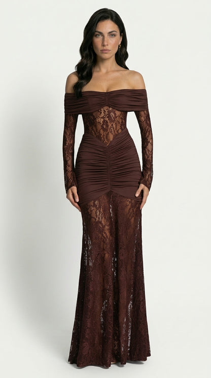 Noemi | Vestido Maxi de Encaje con Ruches sin Tirantes