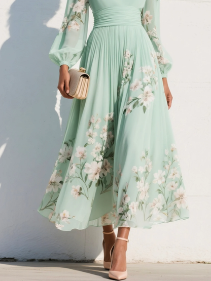 Alicia - Vestido midi plisado de gasa con escote en V y estampado floral, color verde claro