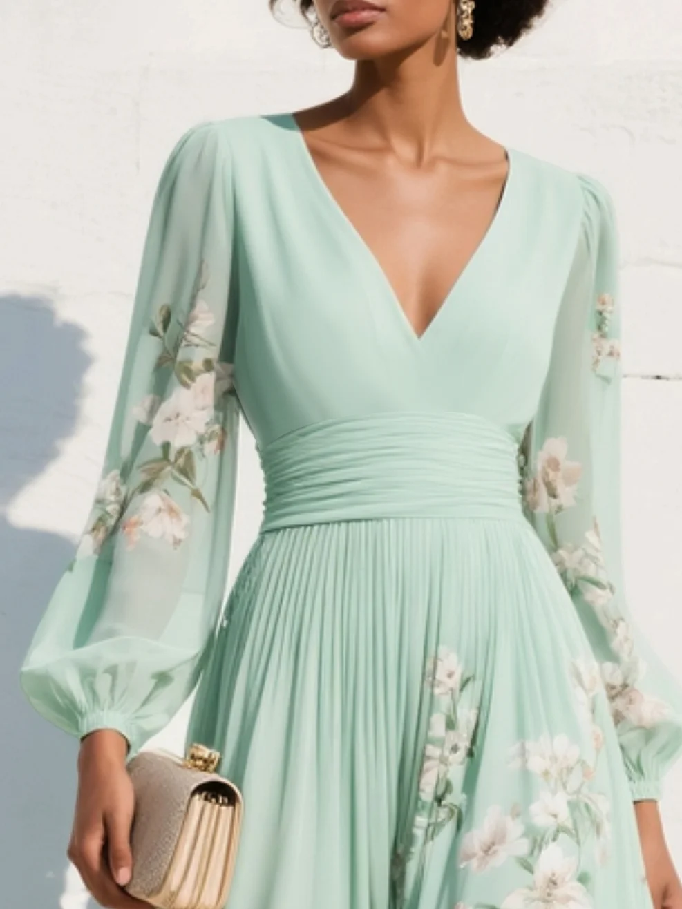 Alicia - Vestido midi plisado de gasa con escote en V y estampado floral, color verde claro