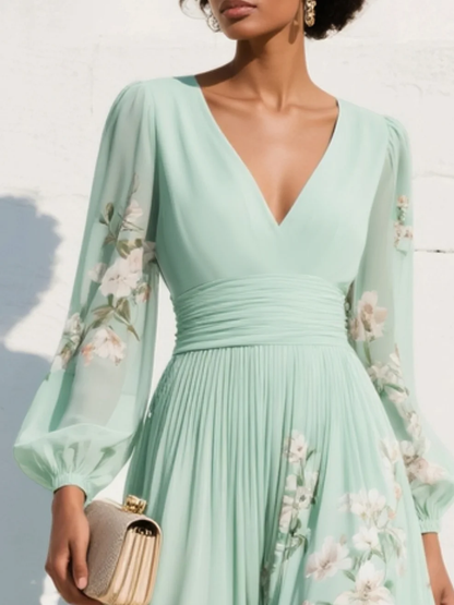 Alicia - Vestido midi plisado de gasa con escote en V y estampado floral, color verde claro