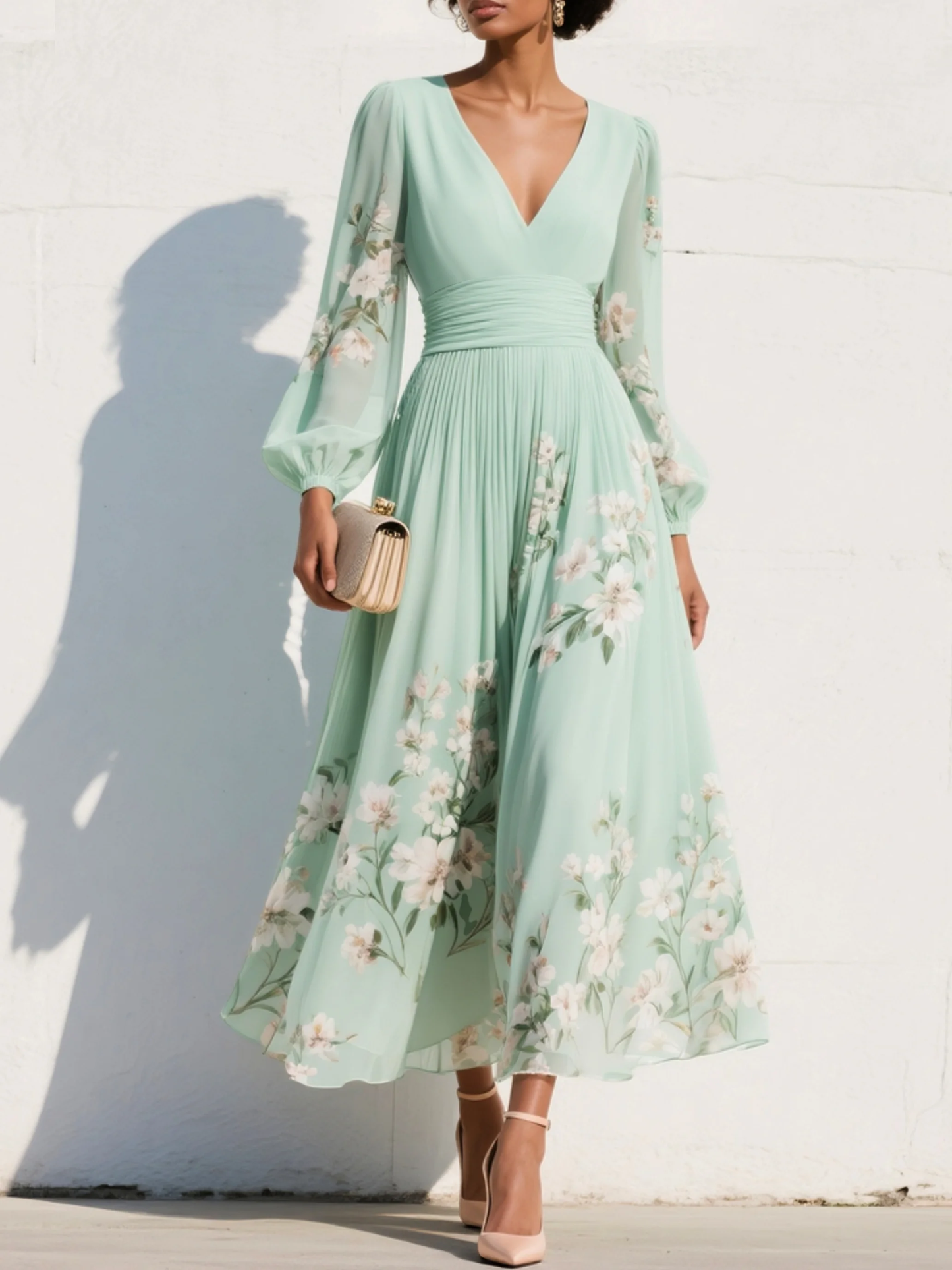 Alicia - Vestido midi plisado de gasa con escote en V y estampado floral, color verde claro