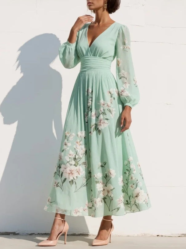 Alicia - Vestido midi plisado de gasa con escote en V y estampado floral, color verde claro
