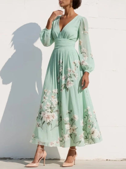 Alicia - Vestido midi plisado de gasa con escote en V y estampado floral, color verde claro