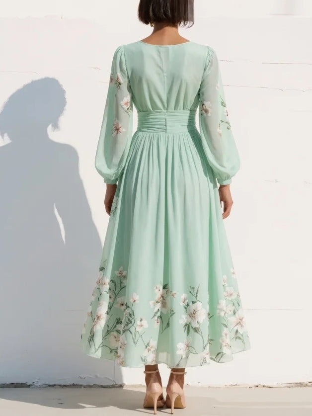 Alicia - Vestido midi plisado de gasa con escote en V y estampado floral, color verde claro