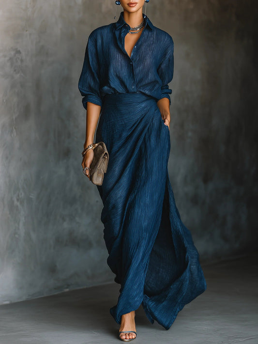 Valeria | Elegante conjunto de camisa y falda larga en mezcla de algodón y lino azul oscuro