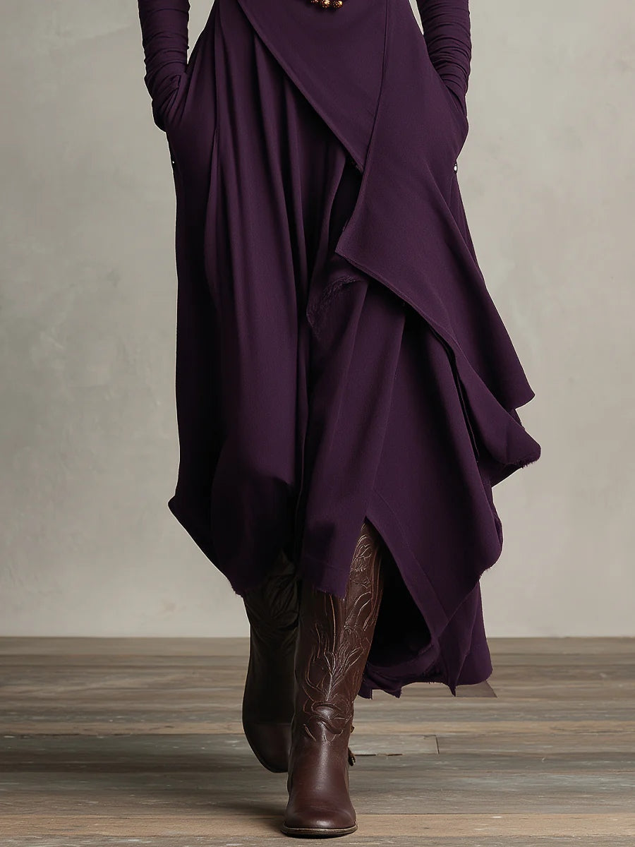 Gloria™ - Vestido largo plisado asimétrico morado con cuello alto