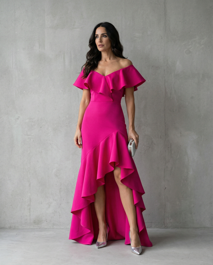 Abril · Vestido elegante con volantes y escote en V
