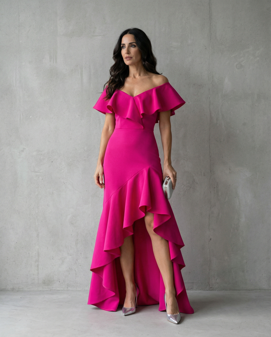 Abril · Vestido elegante con volantes y escote en V